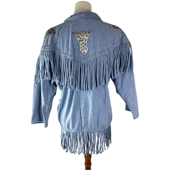 Vorda Vintage Western Boho Rhinestone Stud Fringe Button Down Shirt 100% Cotton - Picture 4 of 7